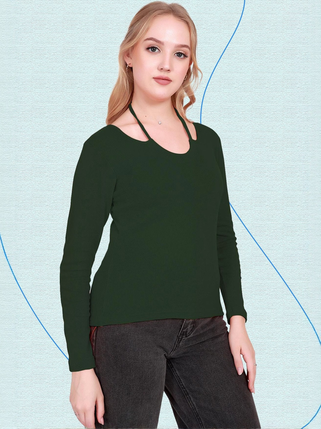 SSTAIR Women Ribbed Halter Neck Full Sleeves Fitted Top