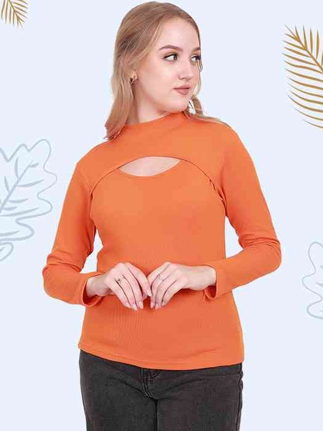 SSTAIR Women Ribbed Cut Out Details Full Sleeves Fitted Top