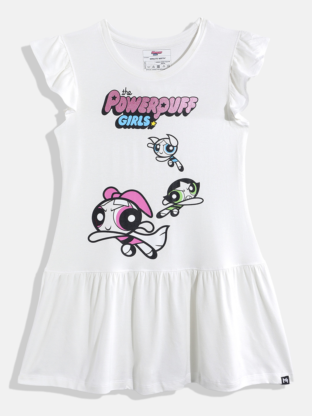 YK X Minute Mirth Powerpuff Girls Printed Flutter Sleeve A-Line Dress