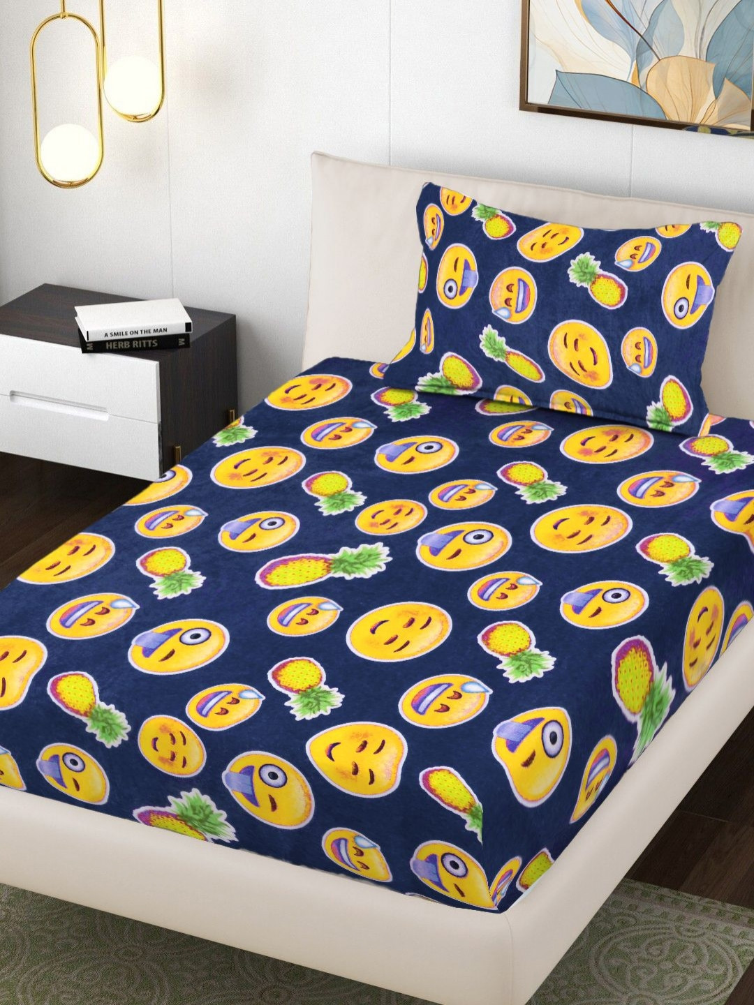 FABINALIV Kids Blue & Yellow Graphic 300 TC Woolen Single Bedsheet Set 2.20 m x 1.50 m
