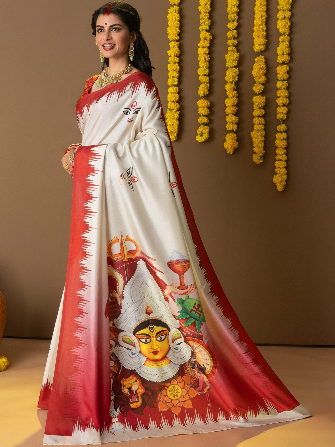 RACHNA Durga Face Prints Dola Silk Ready To Wear Saree