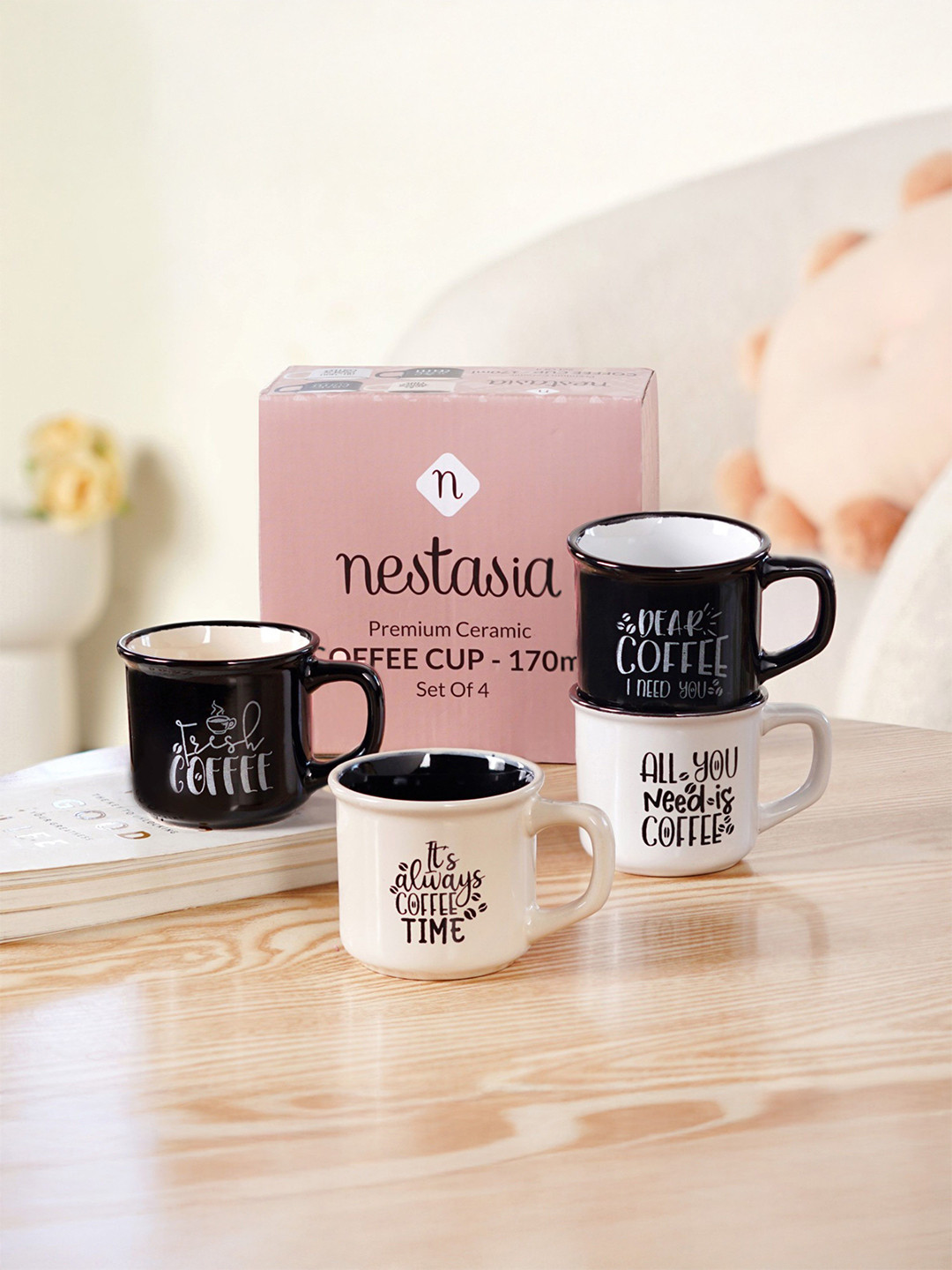 Nestasia Ceramic Coffee Mugs and Tea Cups Set of 4 with Quotes 170ml (White & Black)