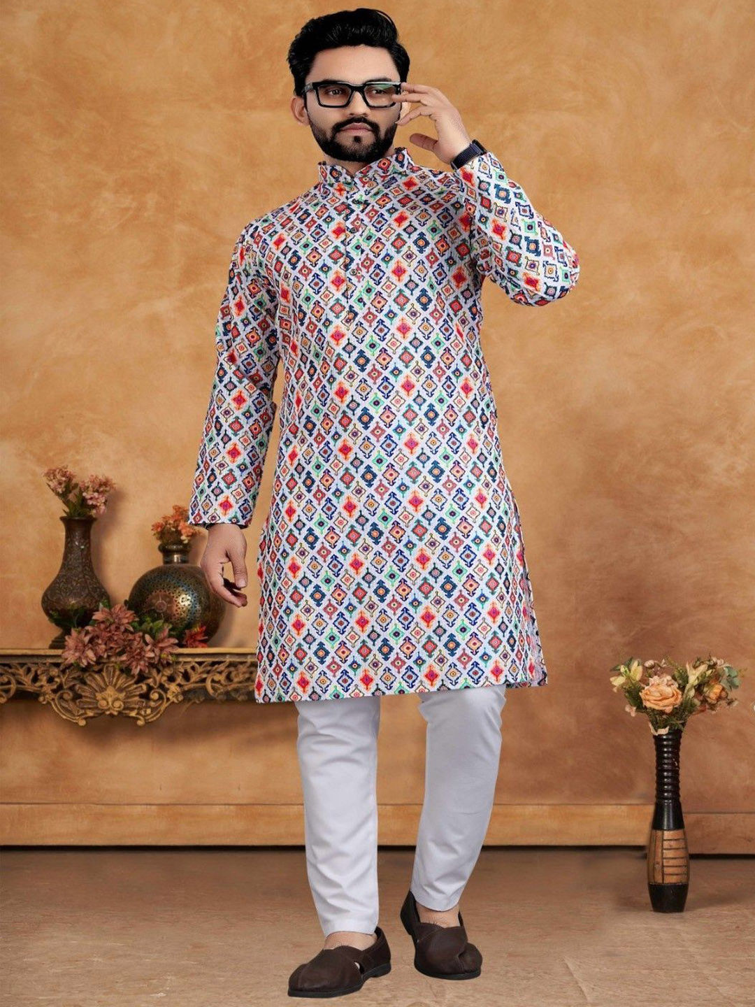 KC Kunj Creation Men White & MultiColor Cotton Blended Printed Regular Kurta with Pyjamas