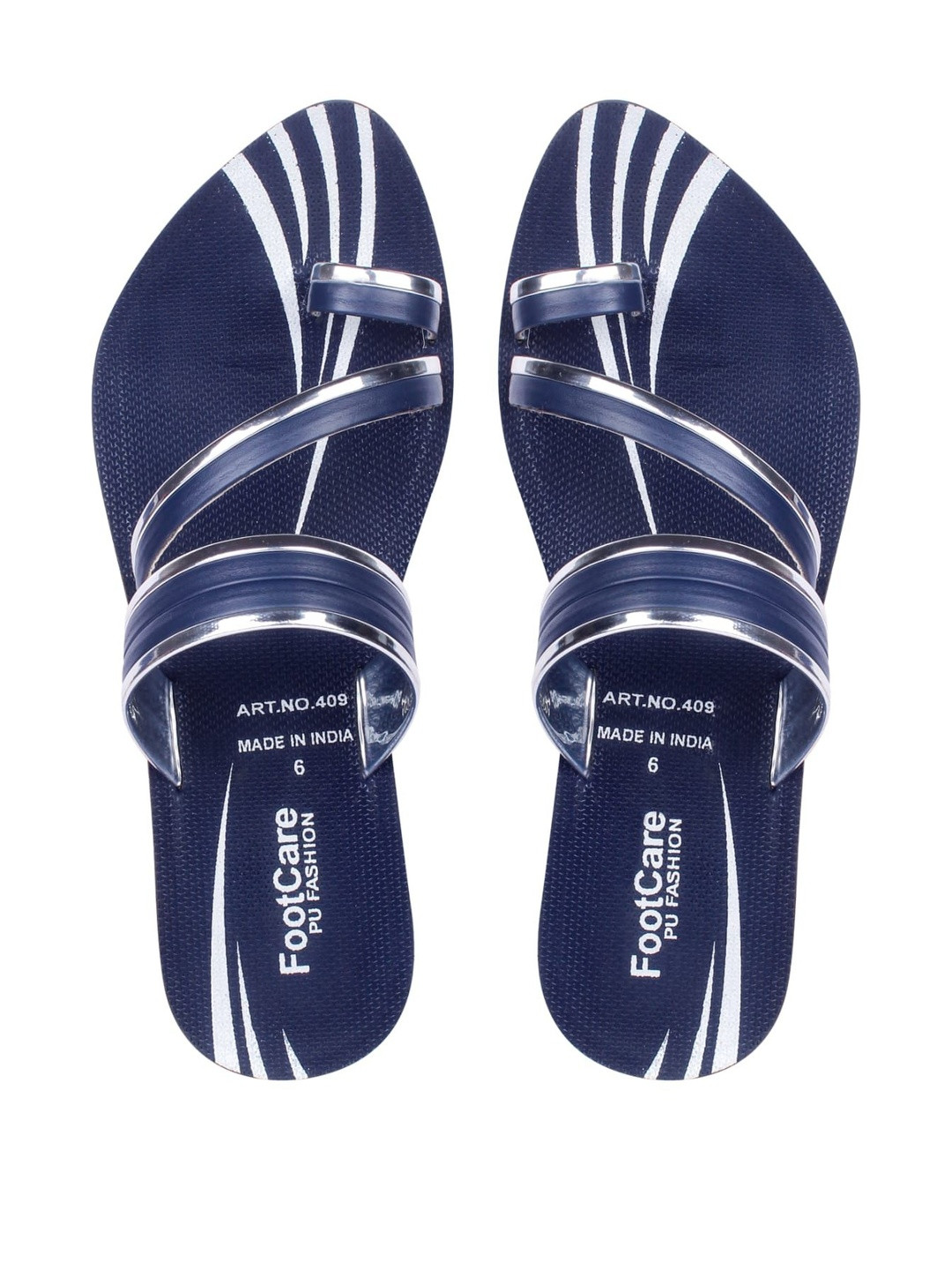 FOOT CARE Women Blue & Silver-Toned Printed Slip On PU One Toe Flats