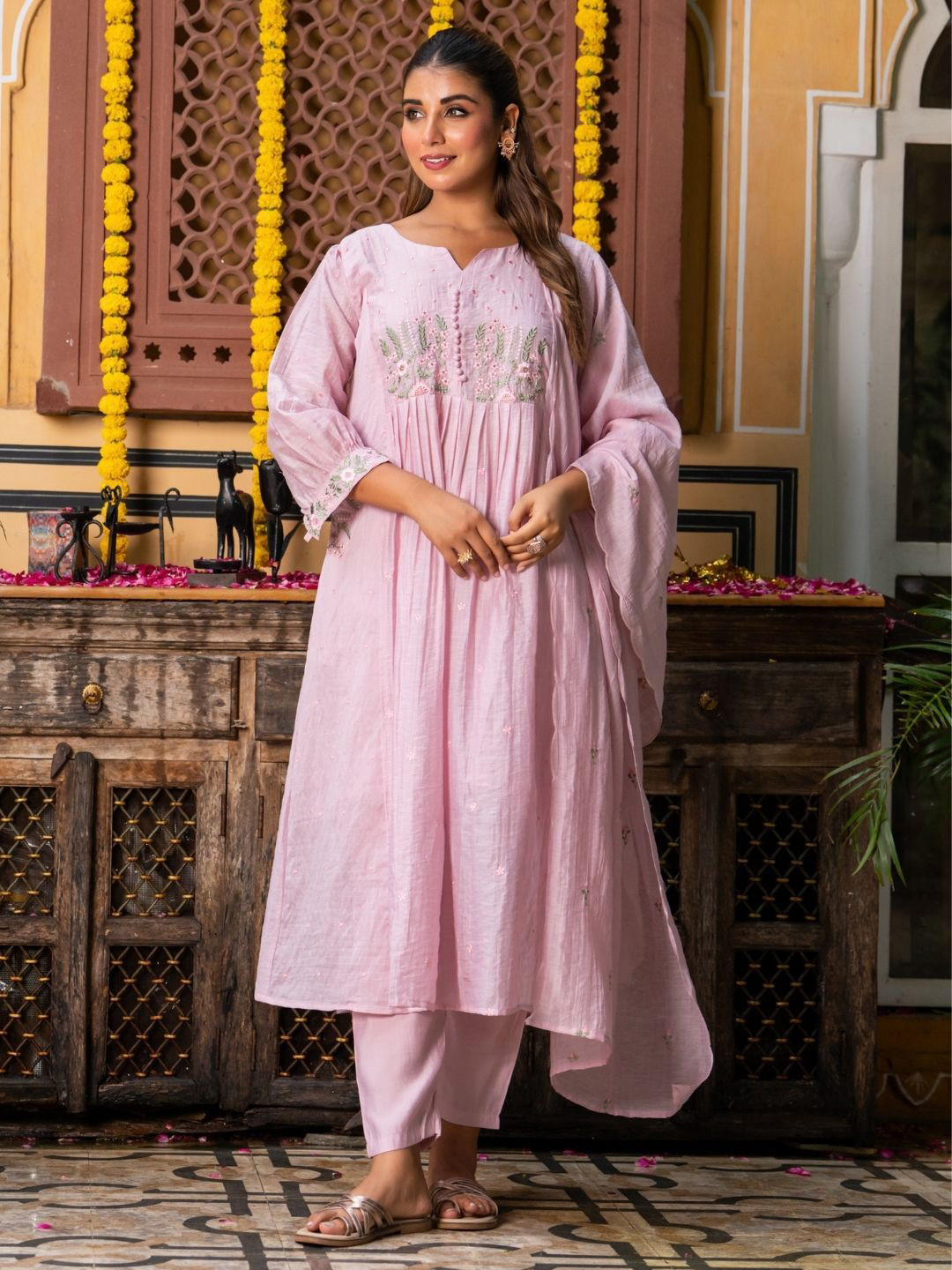 HOUSE OF JAMOTI Farieha Floral Yoke Design Chanderi Cotton Kurta With Trouser & Dupatta