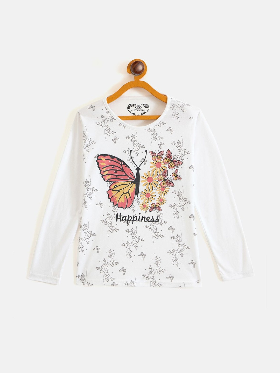Fort Divine Kids Girls White Cotton Butterfly Printed T-shirt