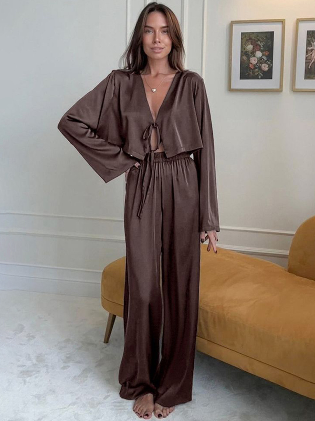 LULU & SKY Women Solid Satin Tie-up Detail Loungewear Set