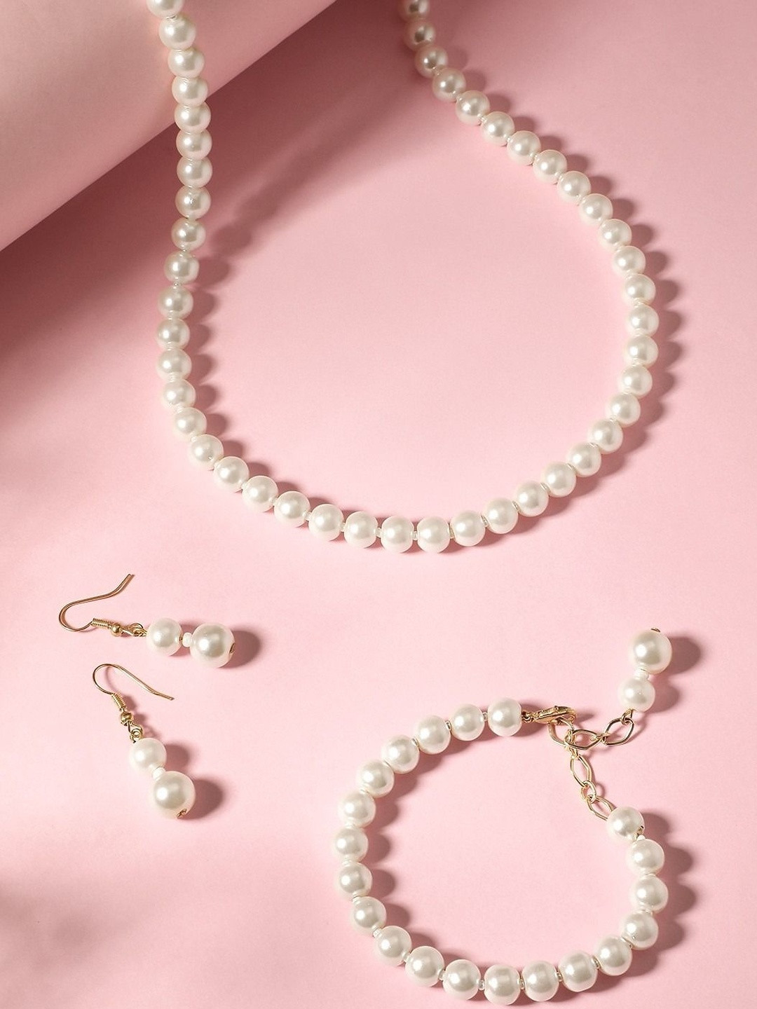 DressBerry White Pearls Long Necklace Bracelet & Earrings Jewelry Set