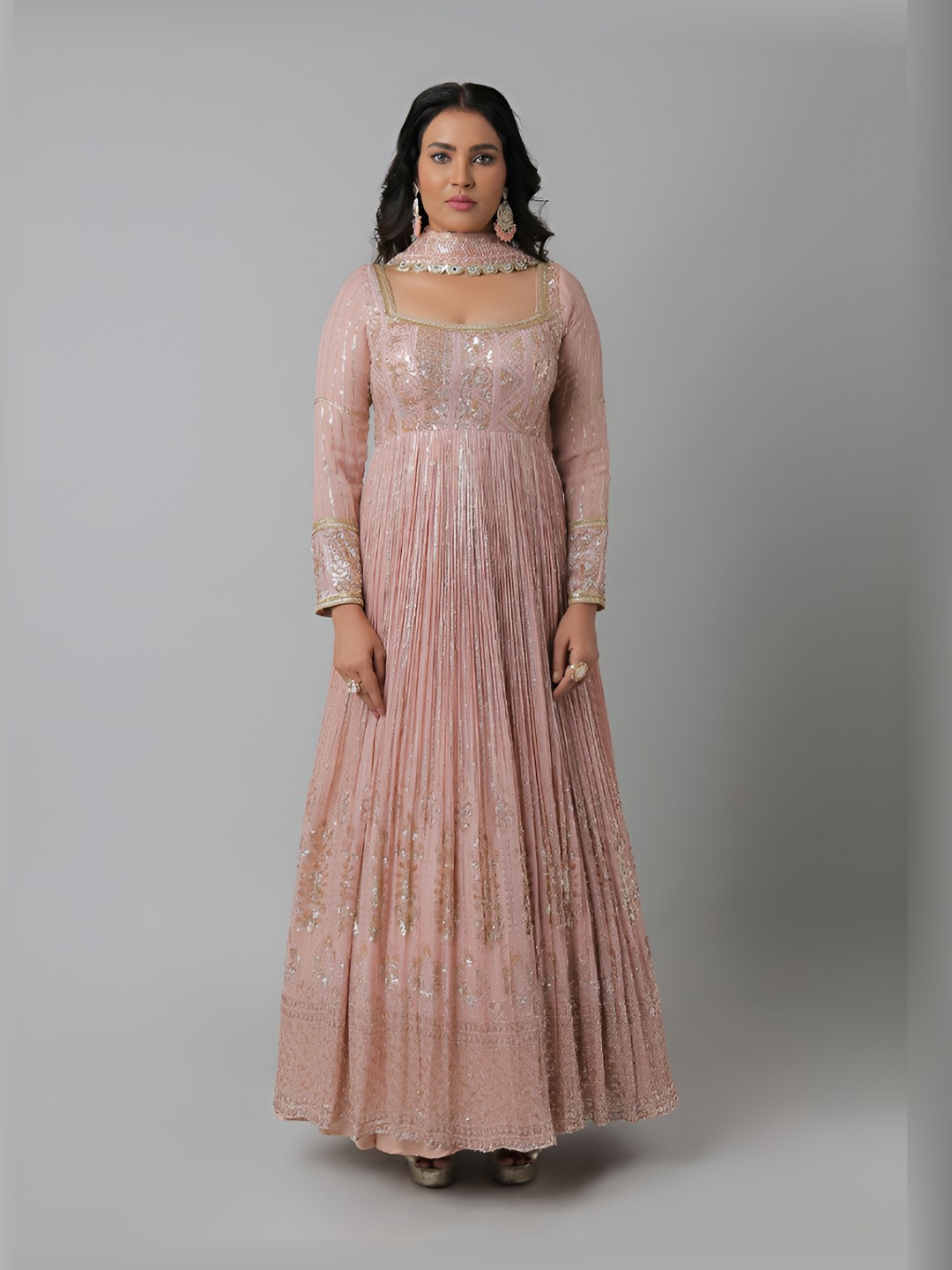 PUSHP PARIDHAN Women Tiered Sequinned Silk Georgette Ethnic Dress with Dupatta