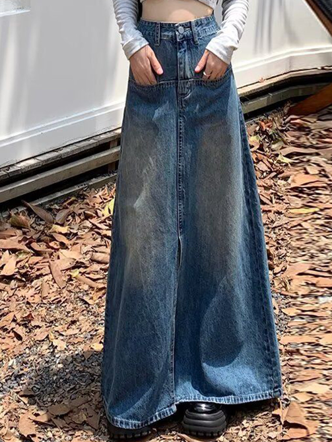 Blue Solid Straight Maxi Skirt with Front Slit