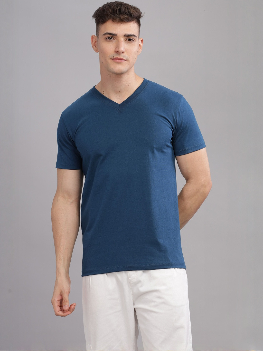 SOLACEACTIVE Men Solid V-Neck Cotton Relaxed Fit T-shirt