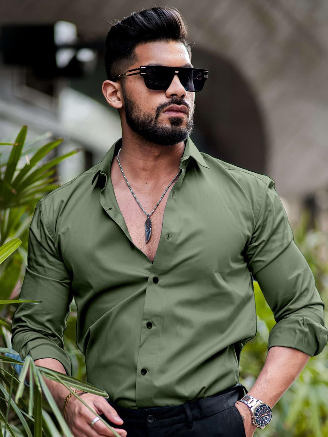 INDOPRIMO Spread Collar Long Sleeves Satin Casual Shirt