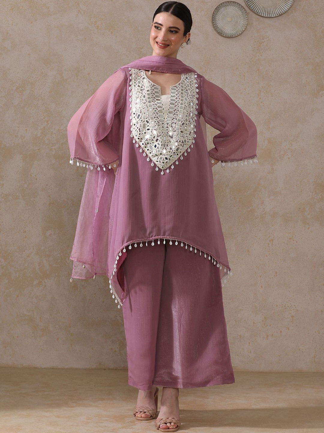 Moara Geometric Yoke Design Notch Neck Mirror Work A-Line Kurta & Palazzos With Dupatta
