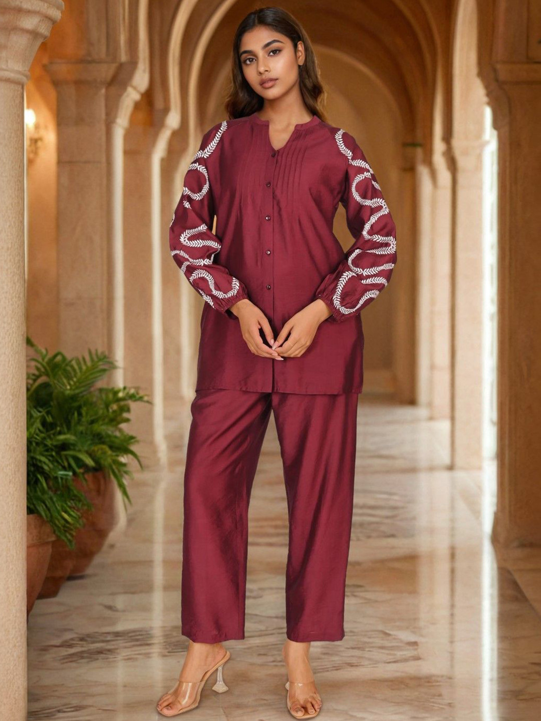 AUTUMN LANE Sharanya Mulberry Work Mandarin Collar Shirt With Trouser Co-Ords