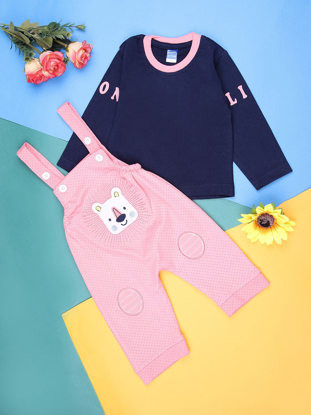 V-Mart Infant Boys Animal Embroidered Round Neck Dungaree With T-Shirt