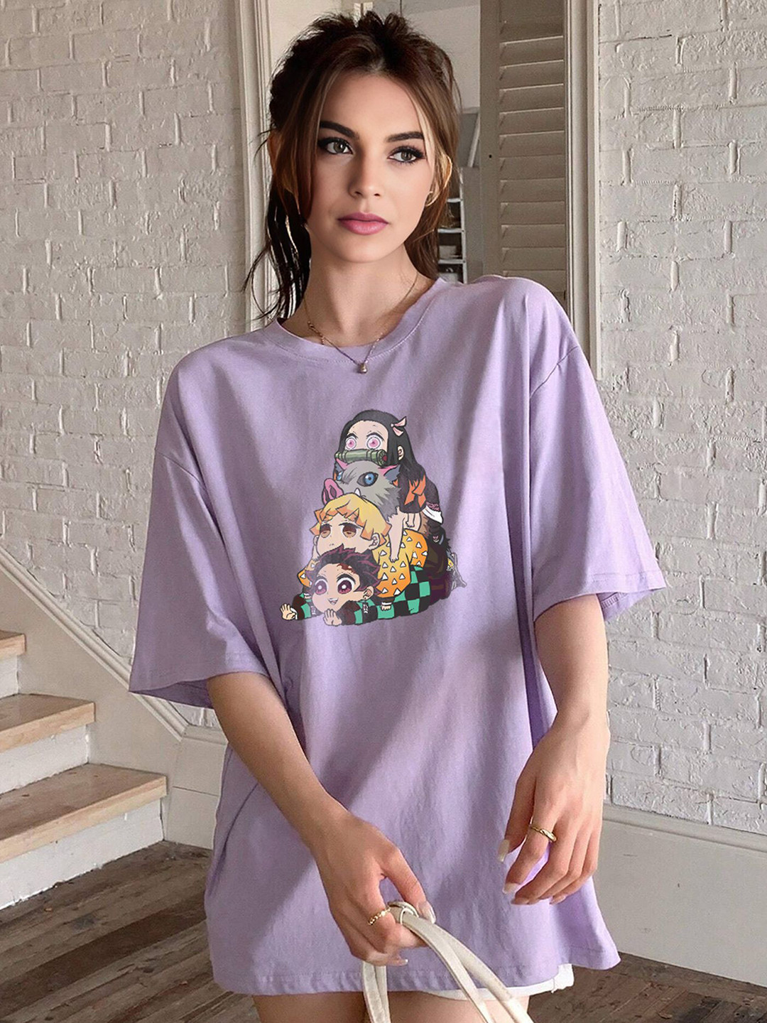 TOGS & TERRE Women Demon Slayer Graphic Printed Round Neck Cotton Oversized T-shirt