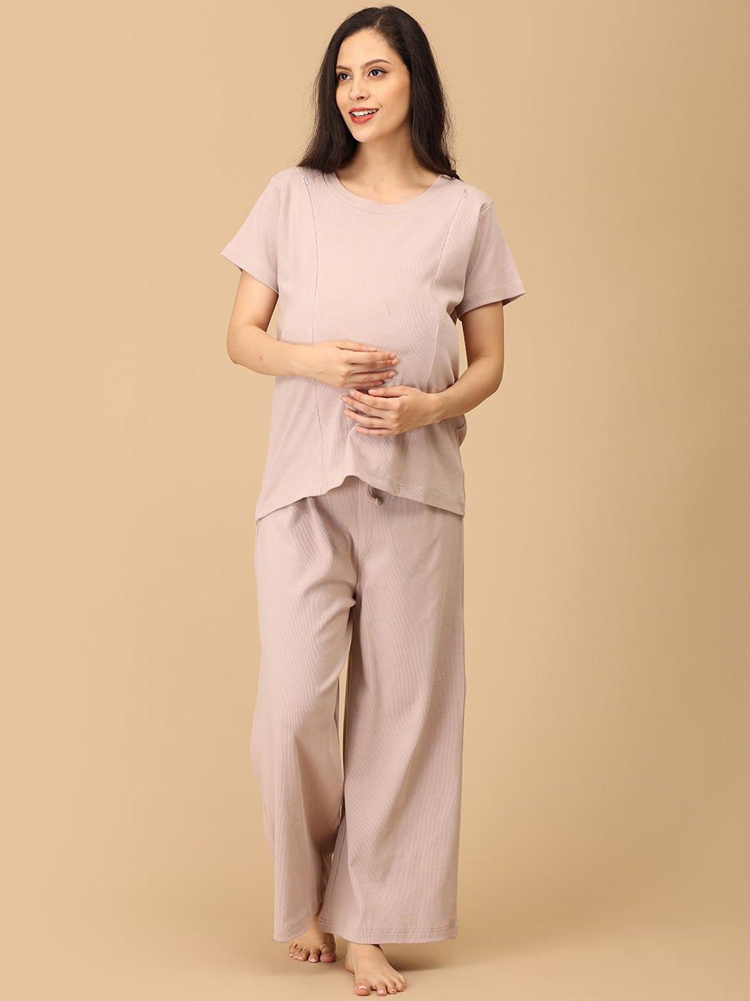 The Mom Store Women Round Neck Pure Cotton Top and Pyjamas Night Suits