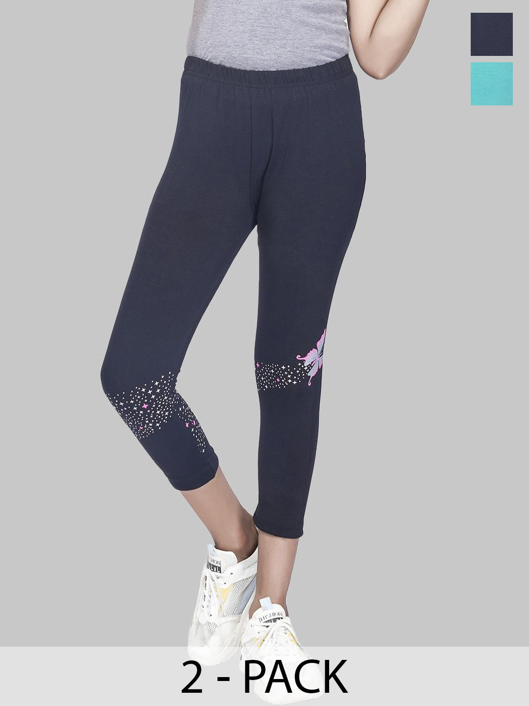 ZUNIORS SSC Girls Set Of 2 Black & Blue Printed Capris