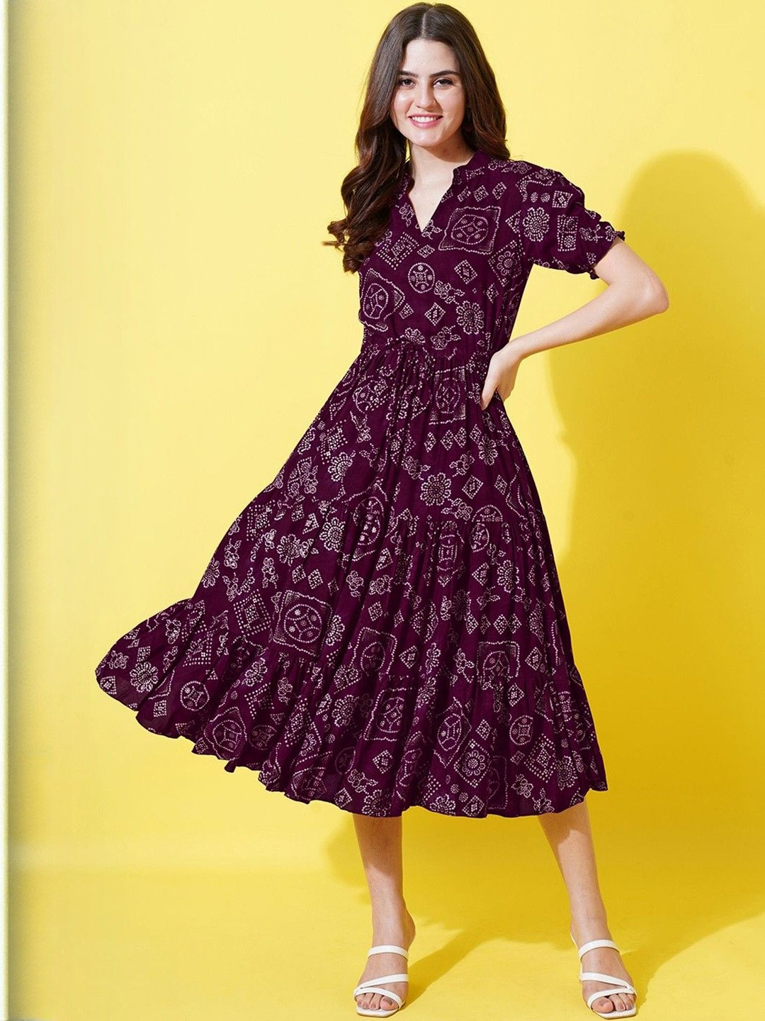 Femvy WEthnic Women Motifs Print Fit and Flare Midi Dress