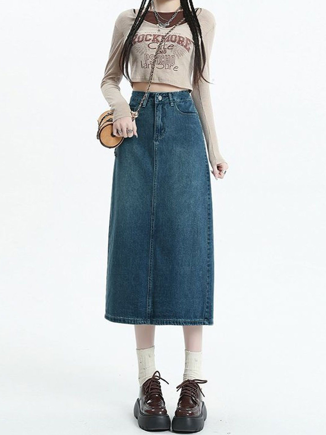 StyleCast Women Mid-Rise Denim A-Line Back-Slit Midi Skirt