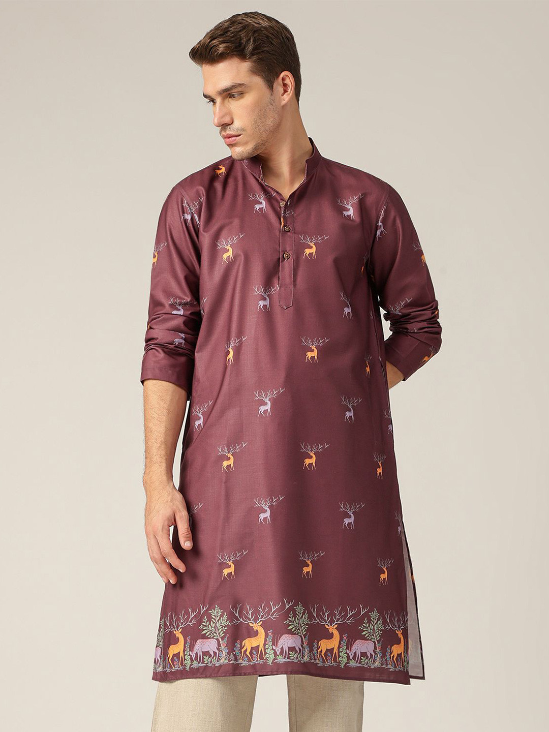 DENNISON Men Animal Block Print Pure Cotton Mandarin Collar Kurta