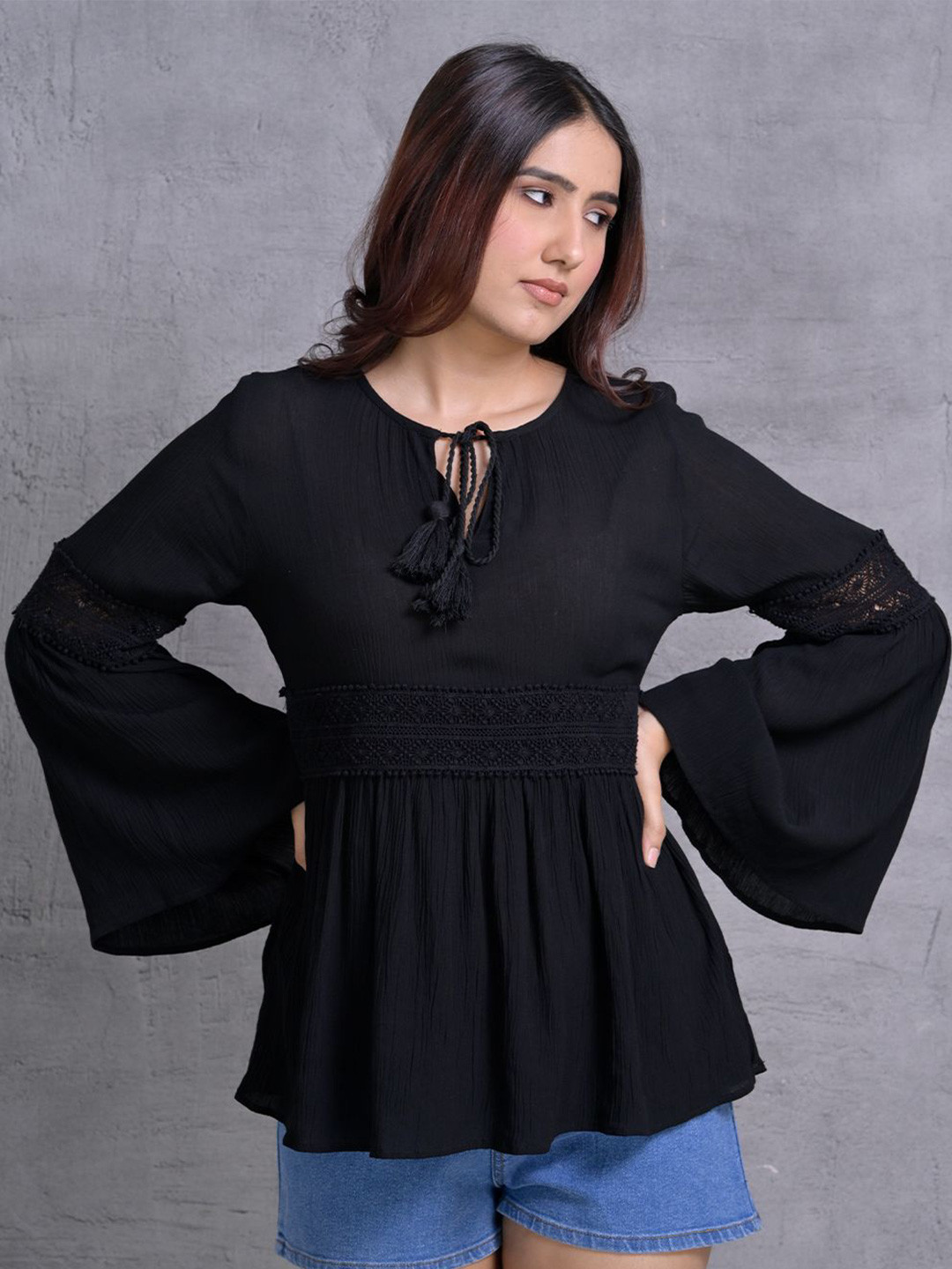 Peppinos Women Bell Sleeve Tie-Up Neck Bohemian Top