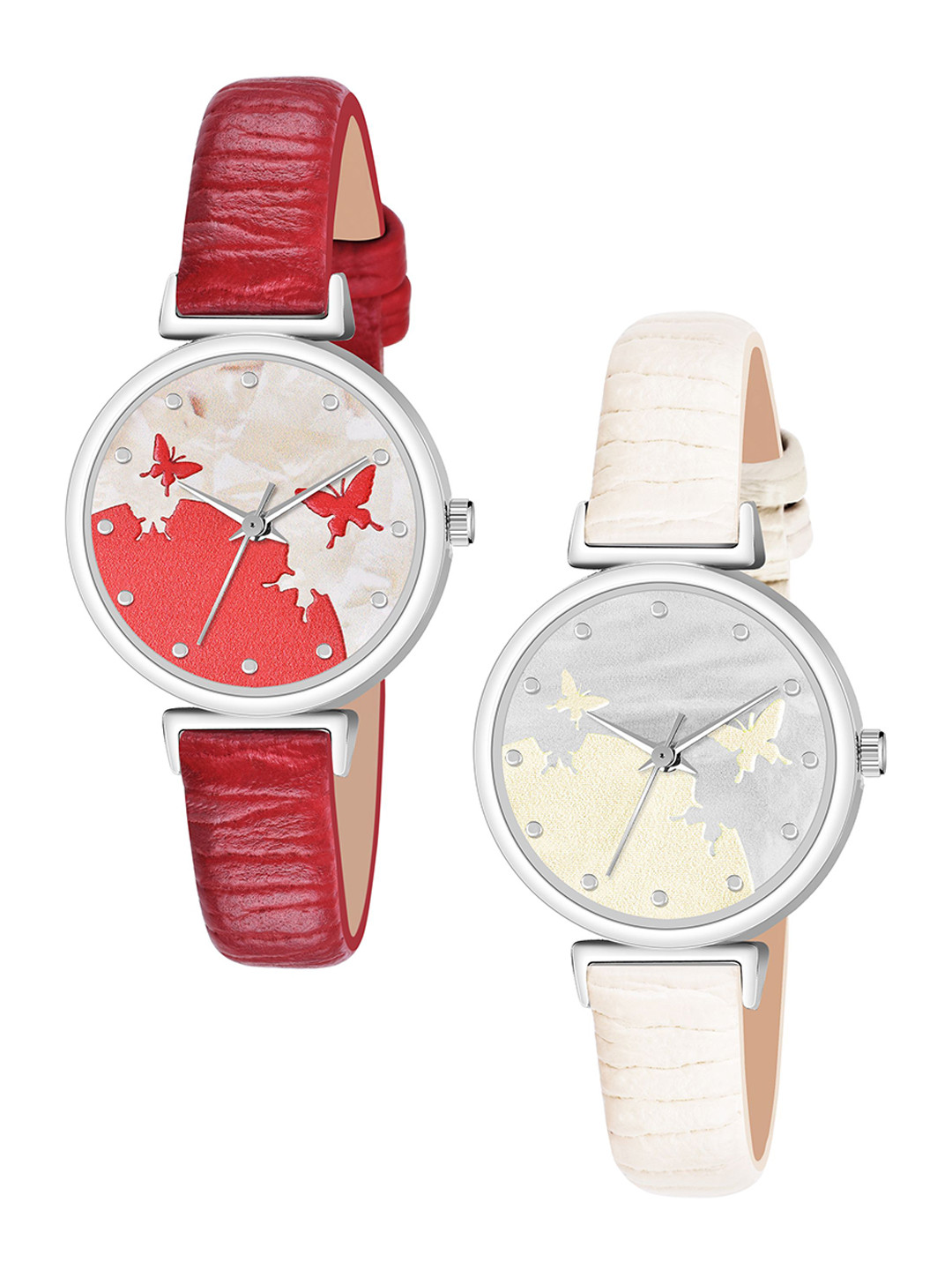 FROZIL Girls Set Of 2 Printed Dial & Leather Textured Straps Analogue Watch AB64-BF-R-W