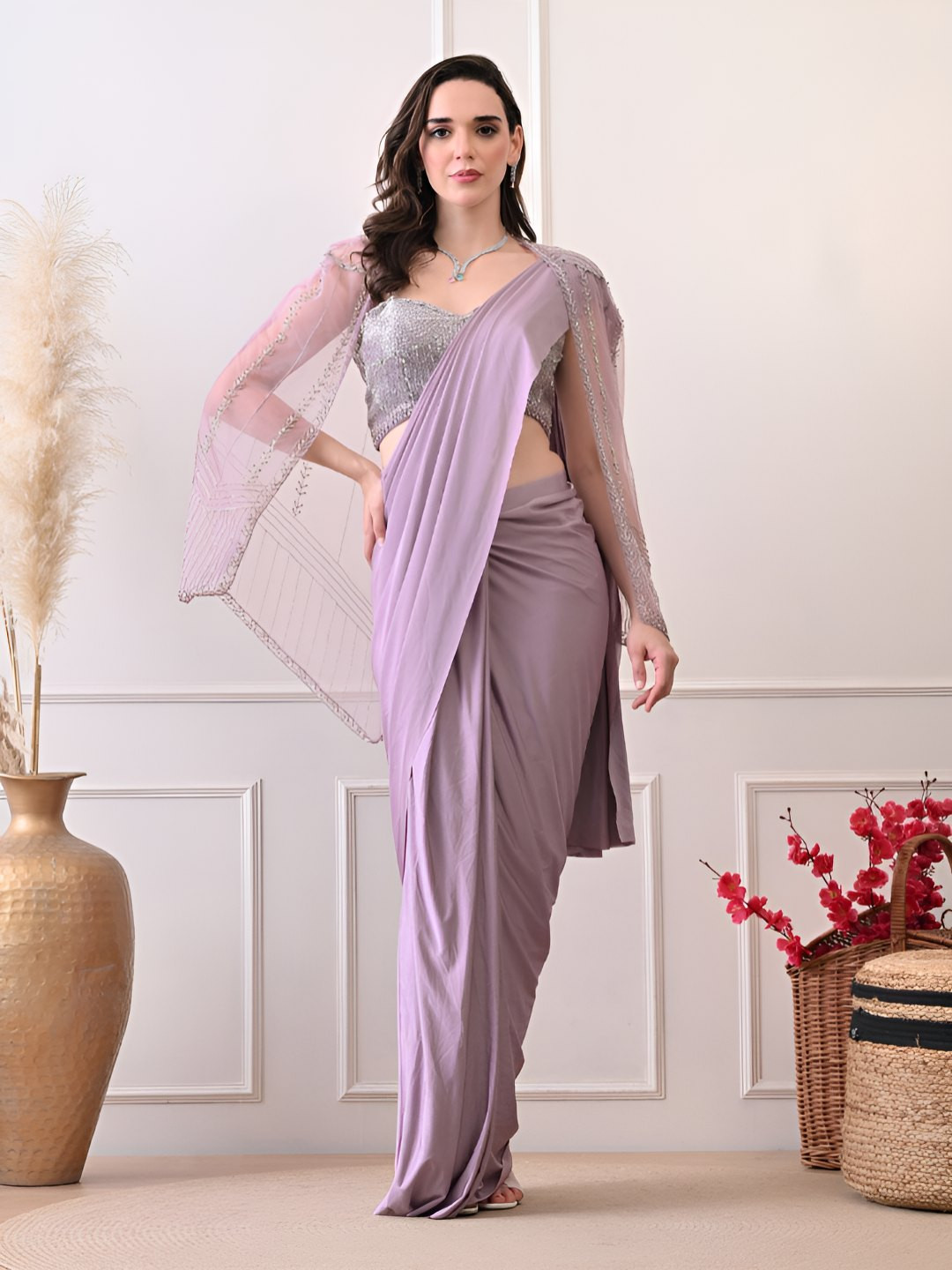 Shop Begum Solid With Embellished Beads and Stones Designer Jacket Saree