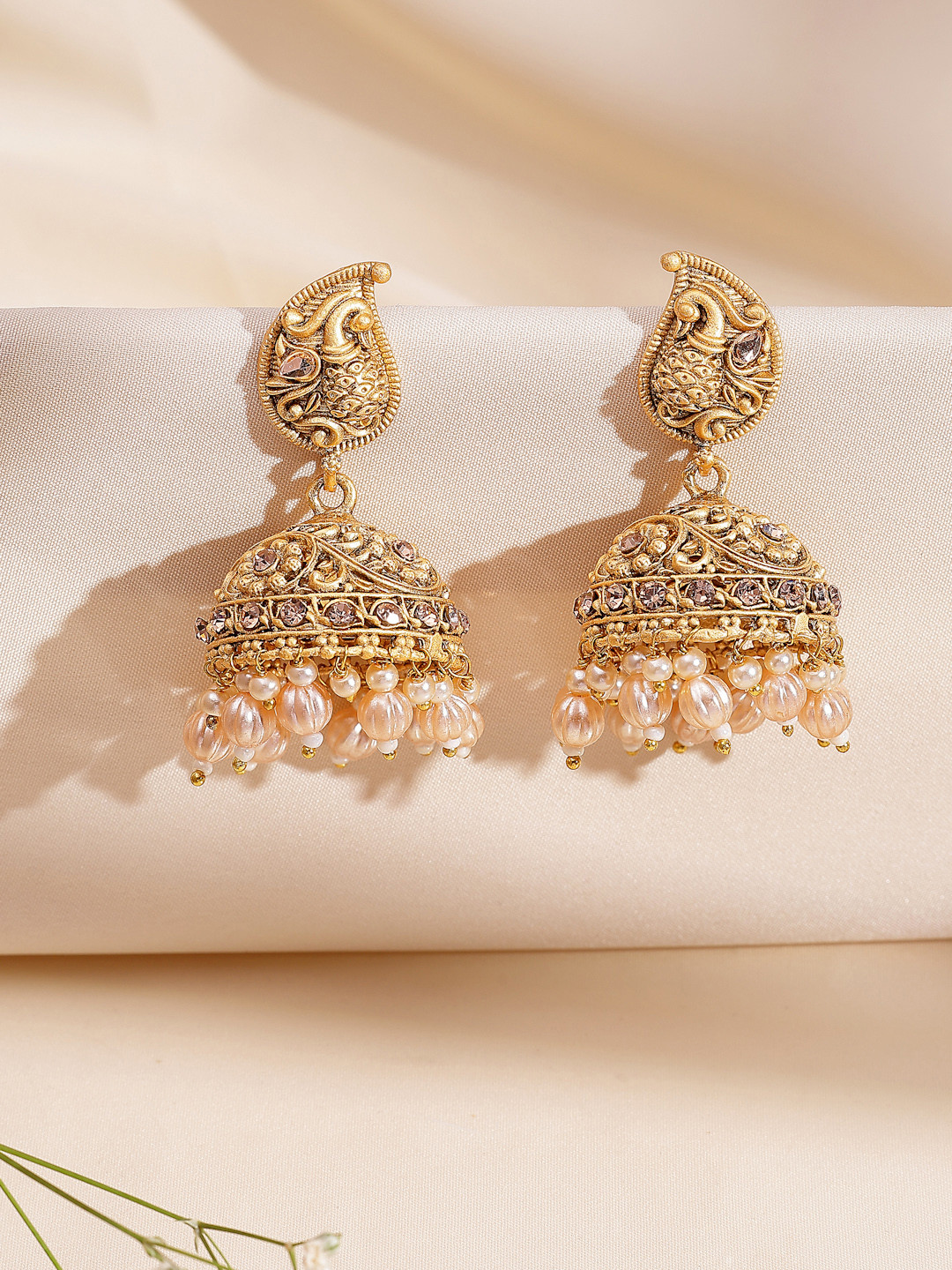 ADIVA 18K Gold-Plated Peacock Shaped CZ Stone & Glossy Light Peach Pearl Beaded Jhumka Earrings
