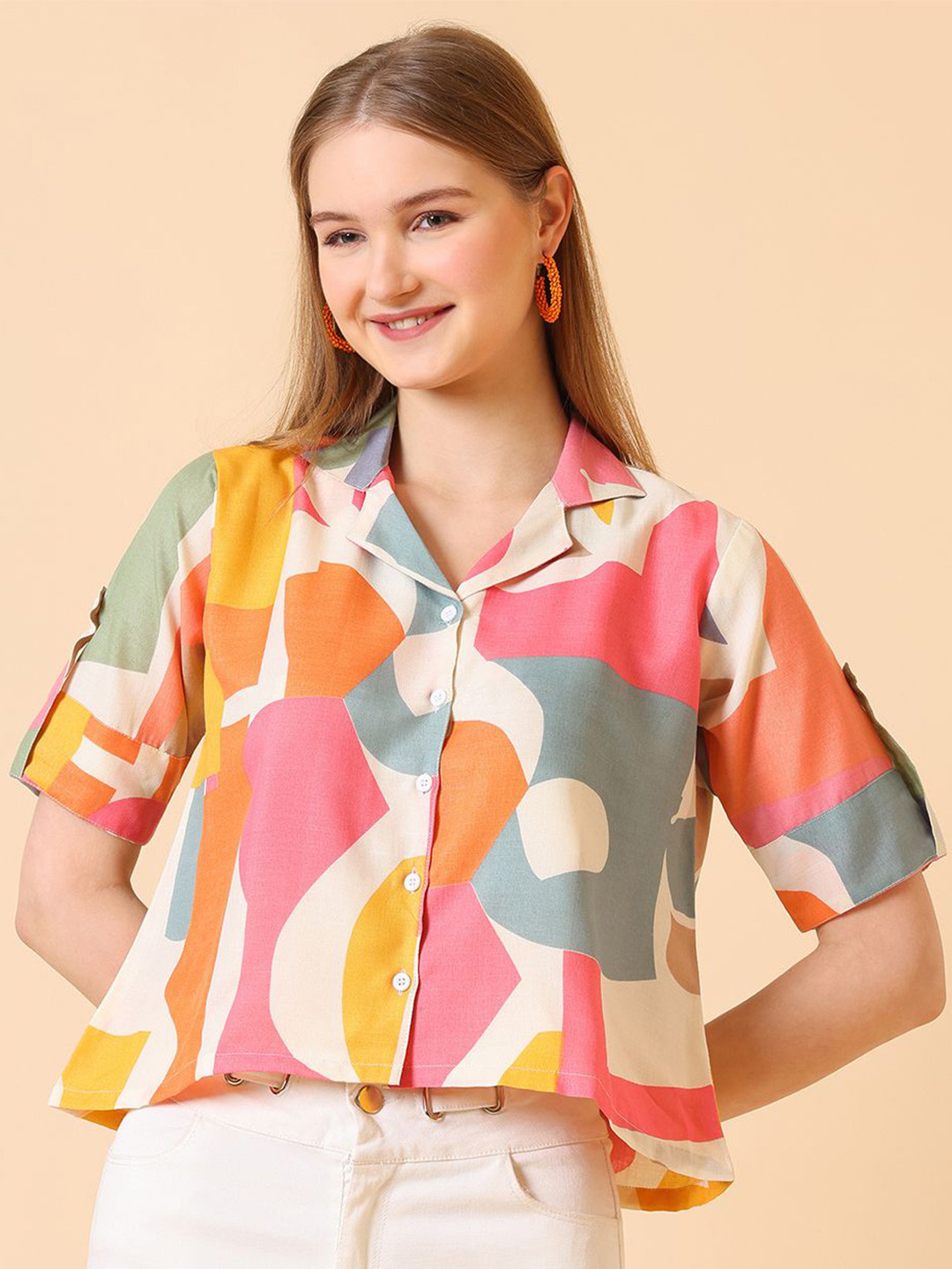 GLOSIA DESIGN Print Roll-Up Sleeves Shirt Style Crop Top