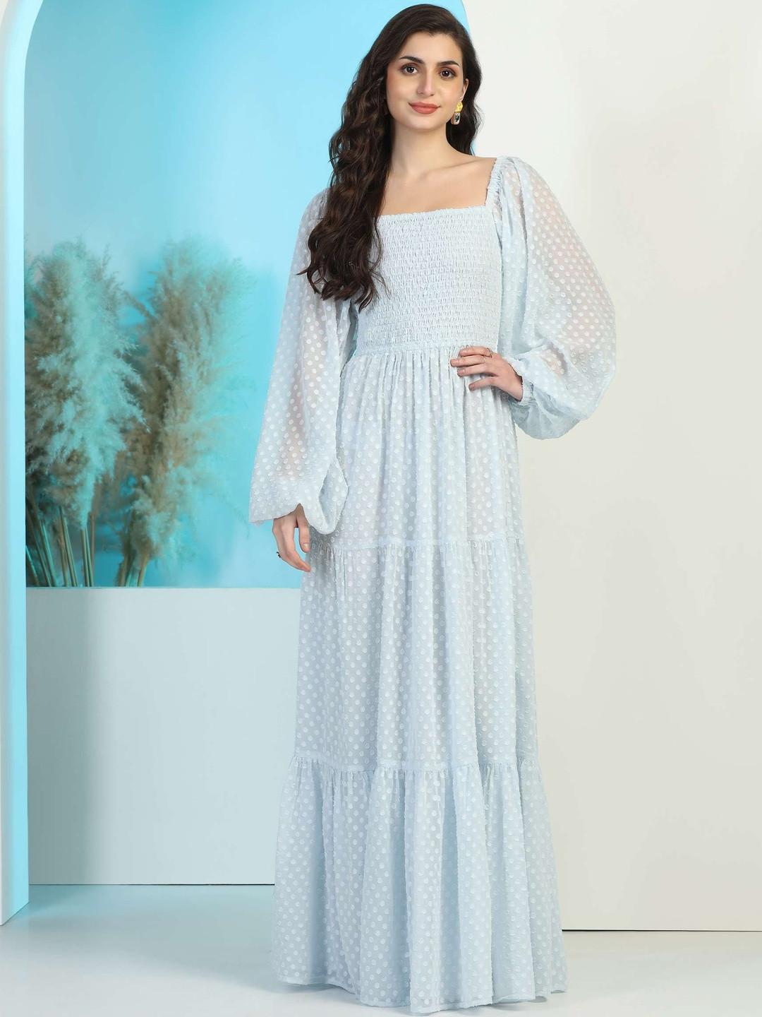 FLY STITCH Women Solid Self Designee Puff Sleeve Maxi Dress