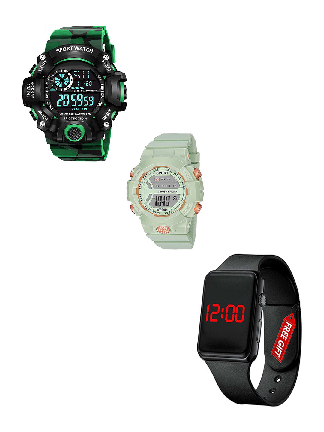 FROZIL Men Set Of 3 Dial & Straps Digital Watch C-Sh-DK-Green-Led
