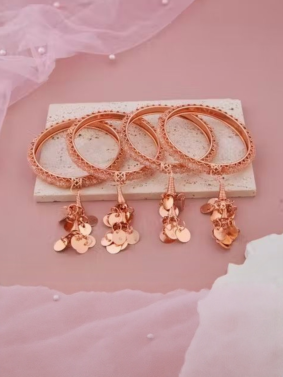 NAVMAV Women Set Of 4 Rose-Gold Plated Tasseled Bangles