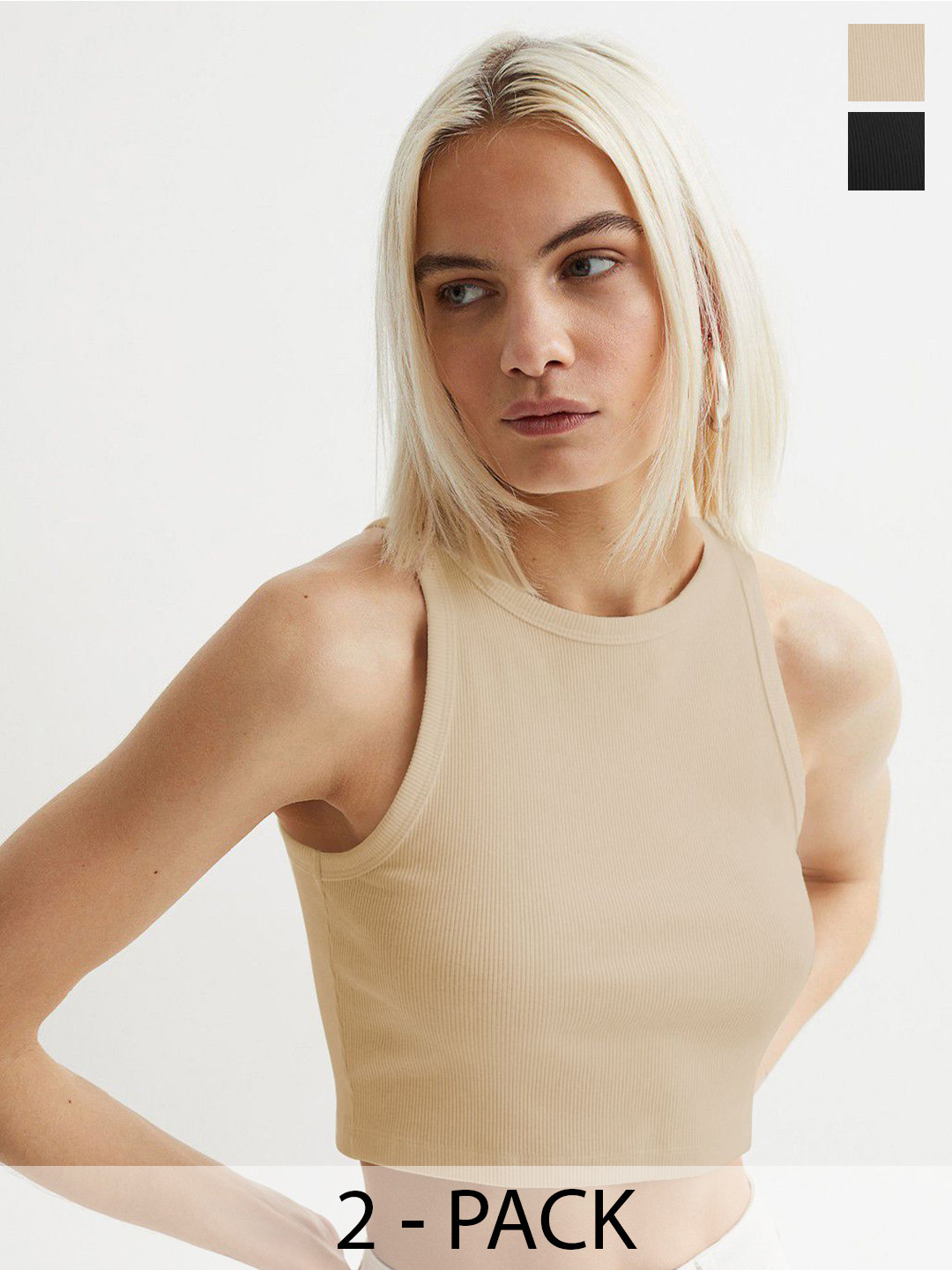 KERI PERRY Women's Pack of 2 Solid Ribbed Tank Crop Top