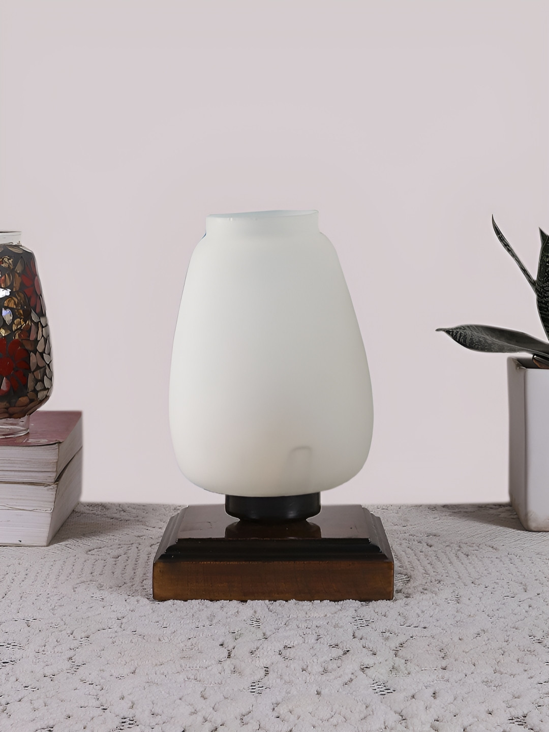 Aura White & Brown Cylinder Shaped Glass Table Lamp With Wood Base