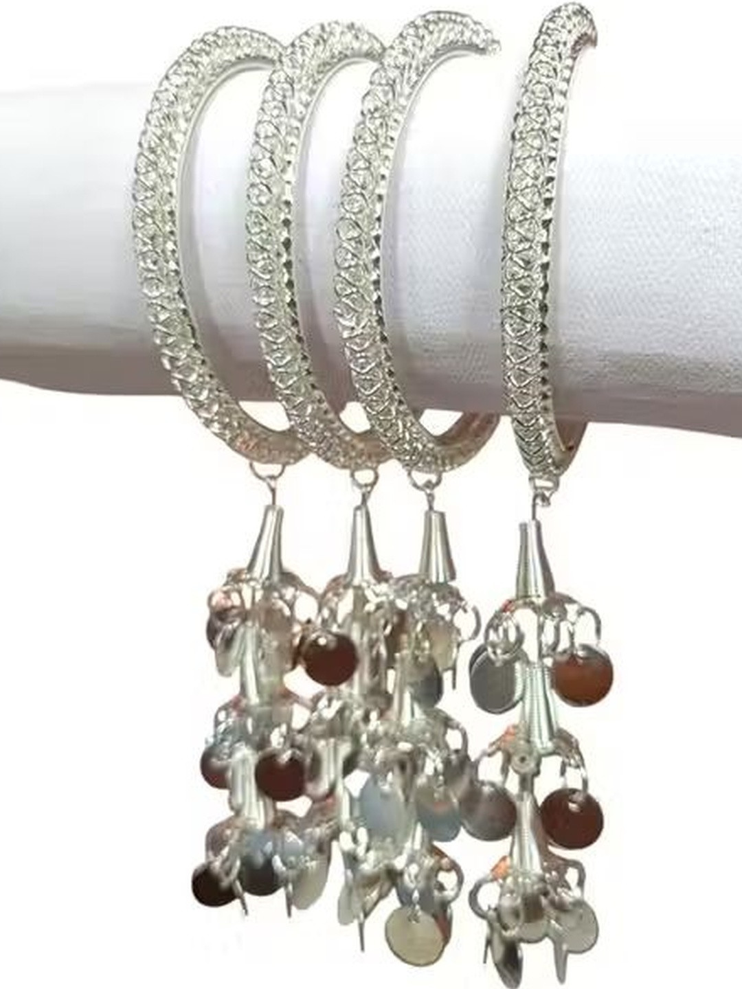 NAVJAI Women Set of 4 Pieces Silver Plated Tassels Hanging Bangles Set