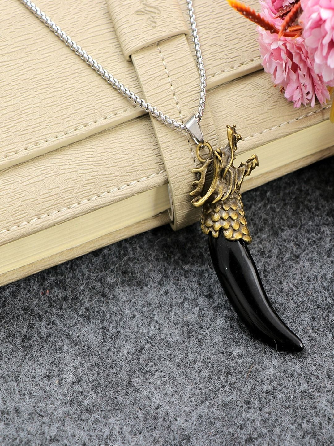 Jewelgenics Men Golden & Black Silver-Plated Dragon Head & Tooth Pendant Alloy Chain