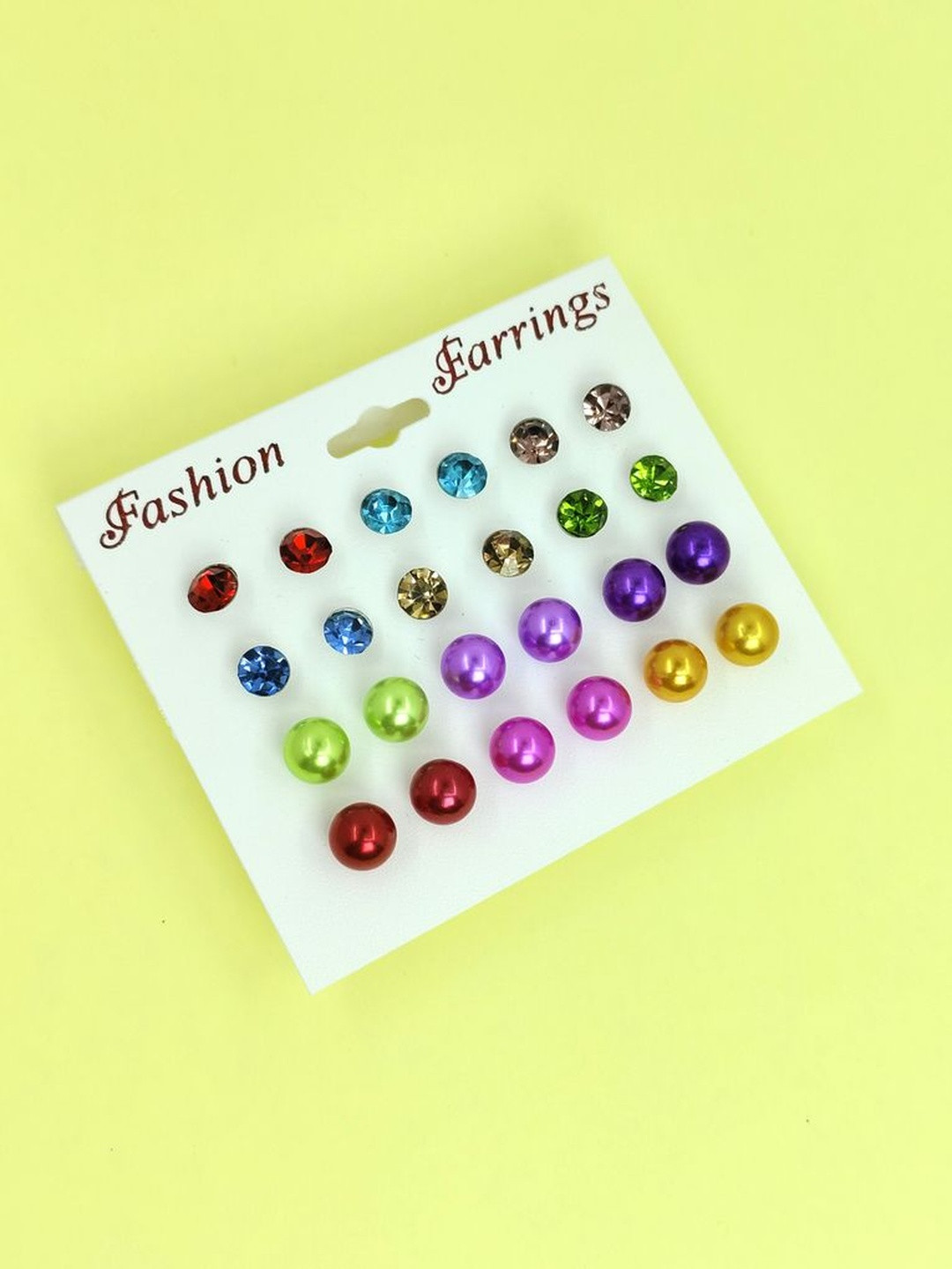NAVJAI Women 12 Pairs Multi Colored Rhinestone Faux Pearl Stud Earring