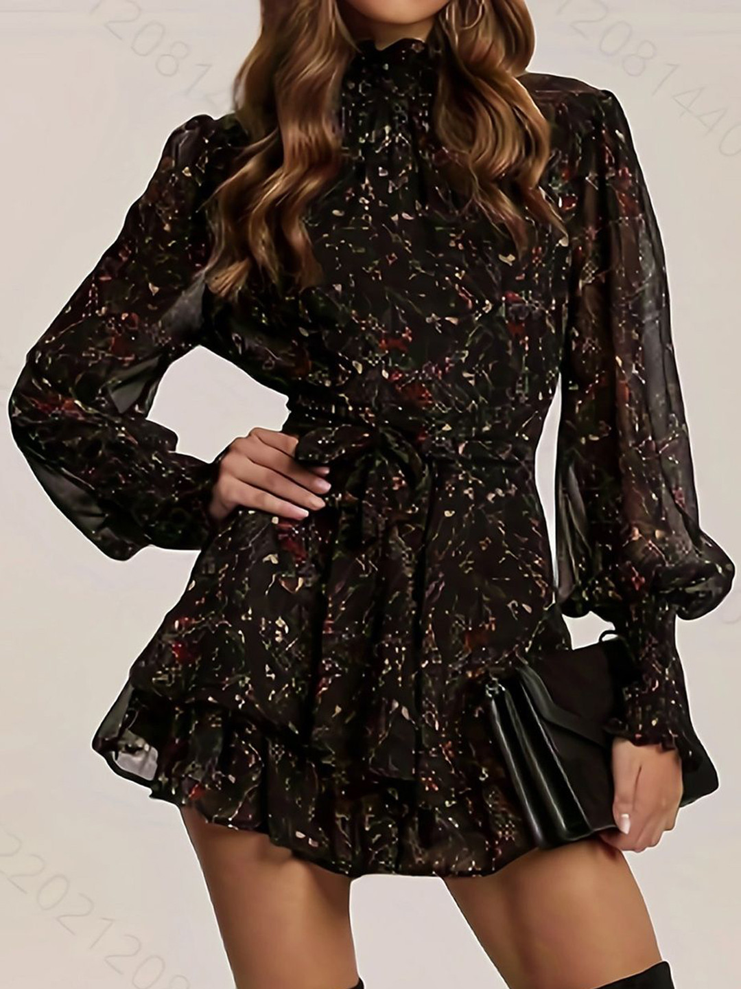 JC Mode Women Floral Printed Puff Sleeve Ruffled Fit & Flare Mini Dress