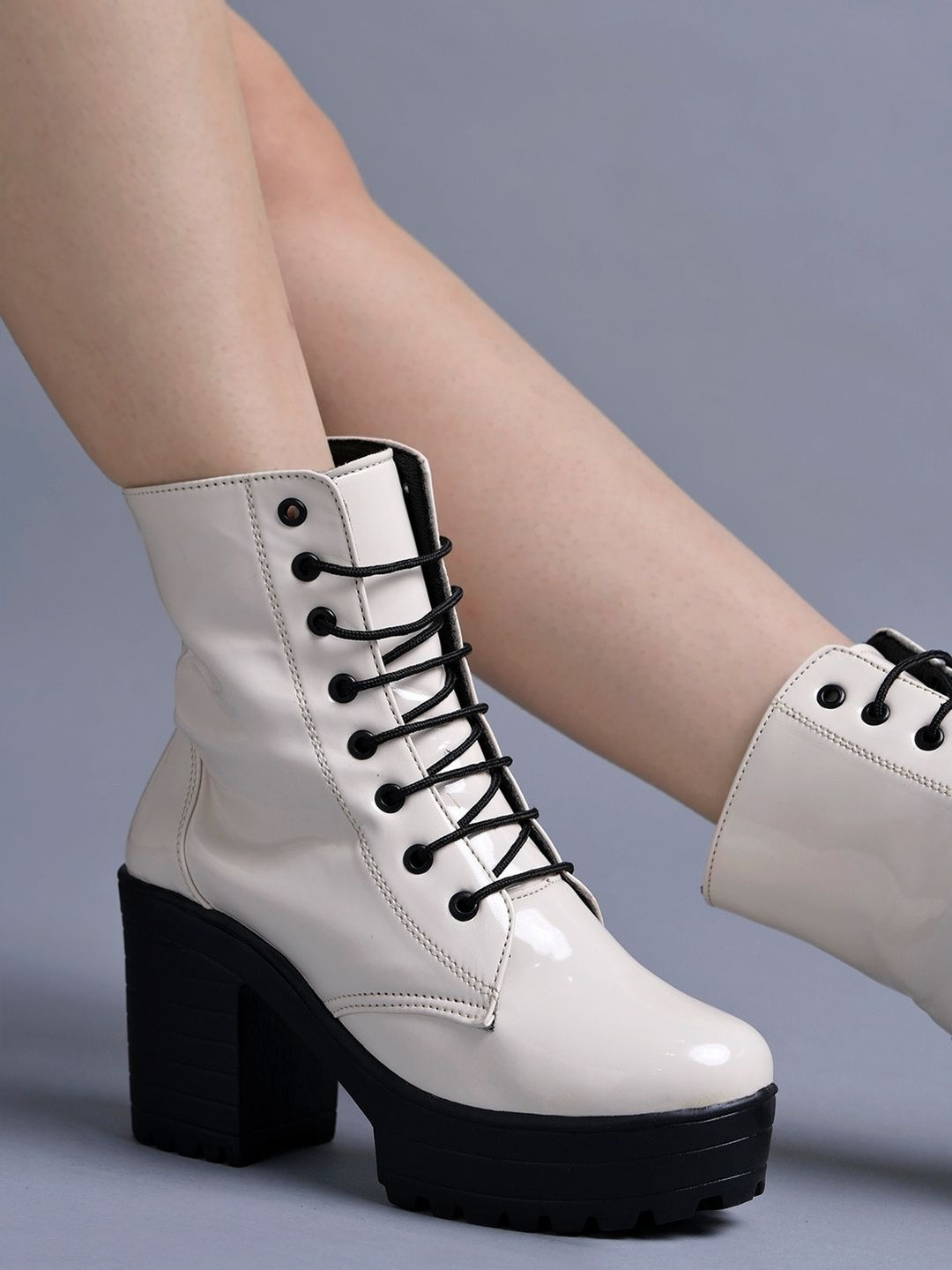 Shoetopia Women Cream Lace-Up Combat Boots