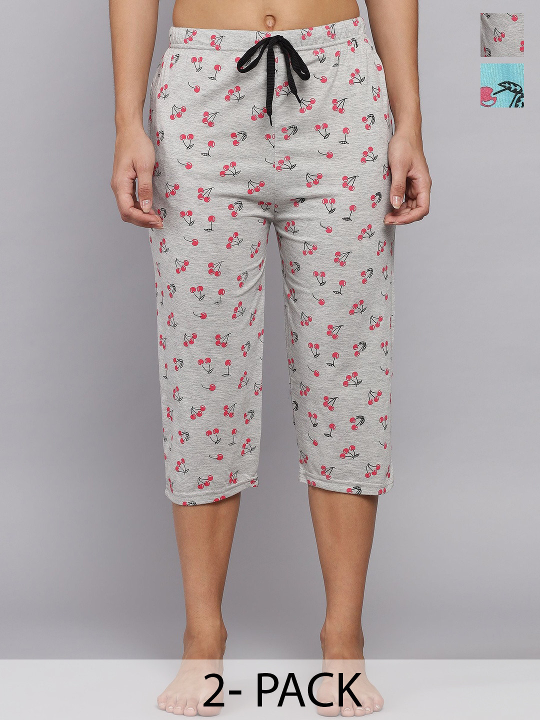 TRENDY WORLD Women Grey & Sky Blue Set Of 2 Printed Cotton Capri