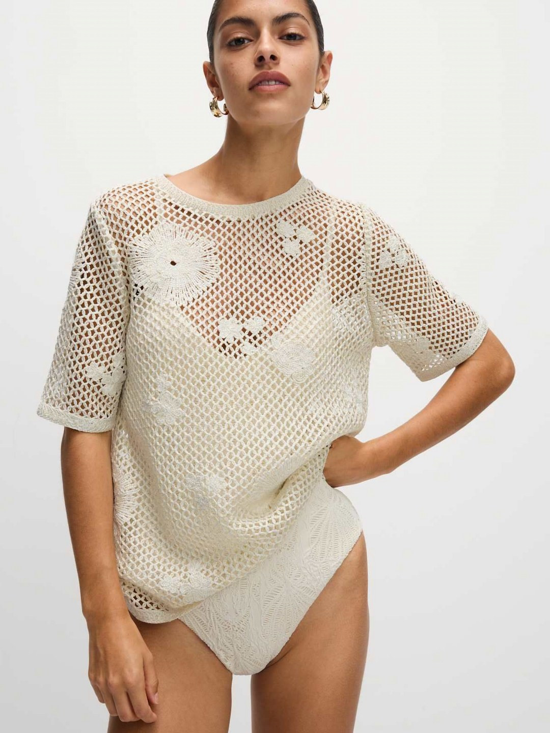 Marks & Spencer Women Self Design Round Neck Crochet Sparkly T-shirt