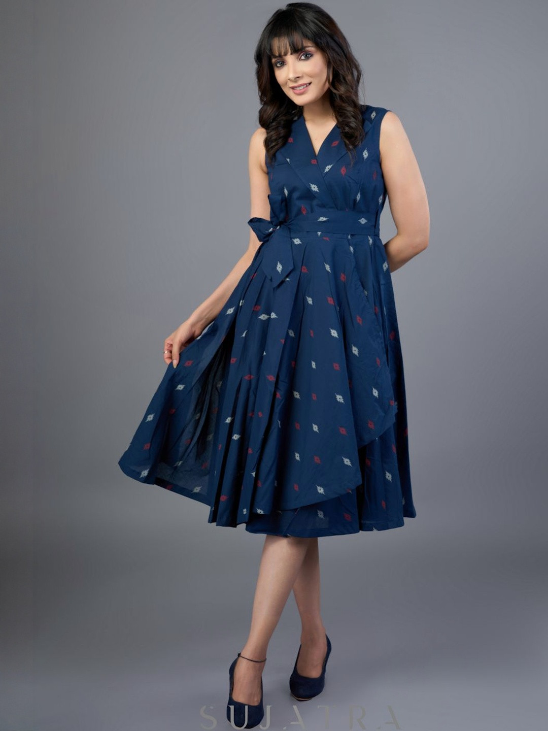 SUJATRA Smart Navy Blue Cotton Sleeveless Overlap Dress