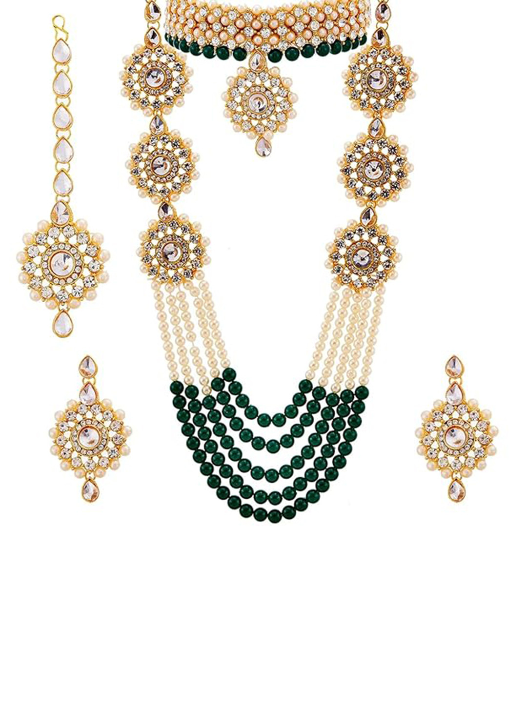 Eyes Blings Women Green Gold Plated Wedding Jewellery Set with Maang Tika