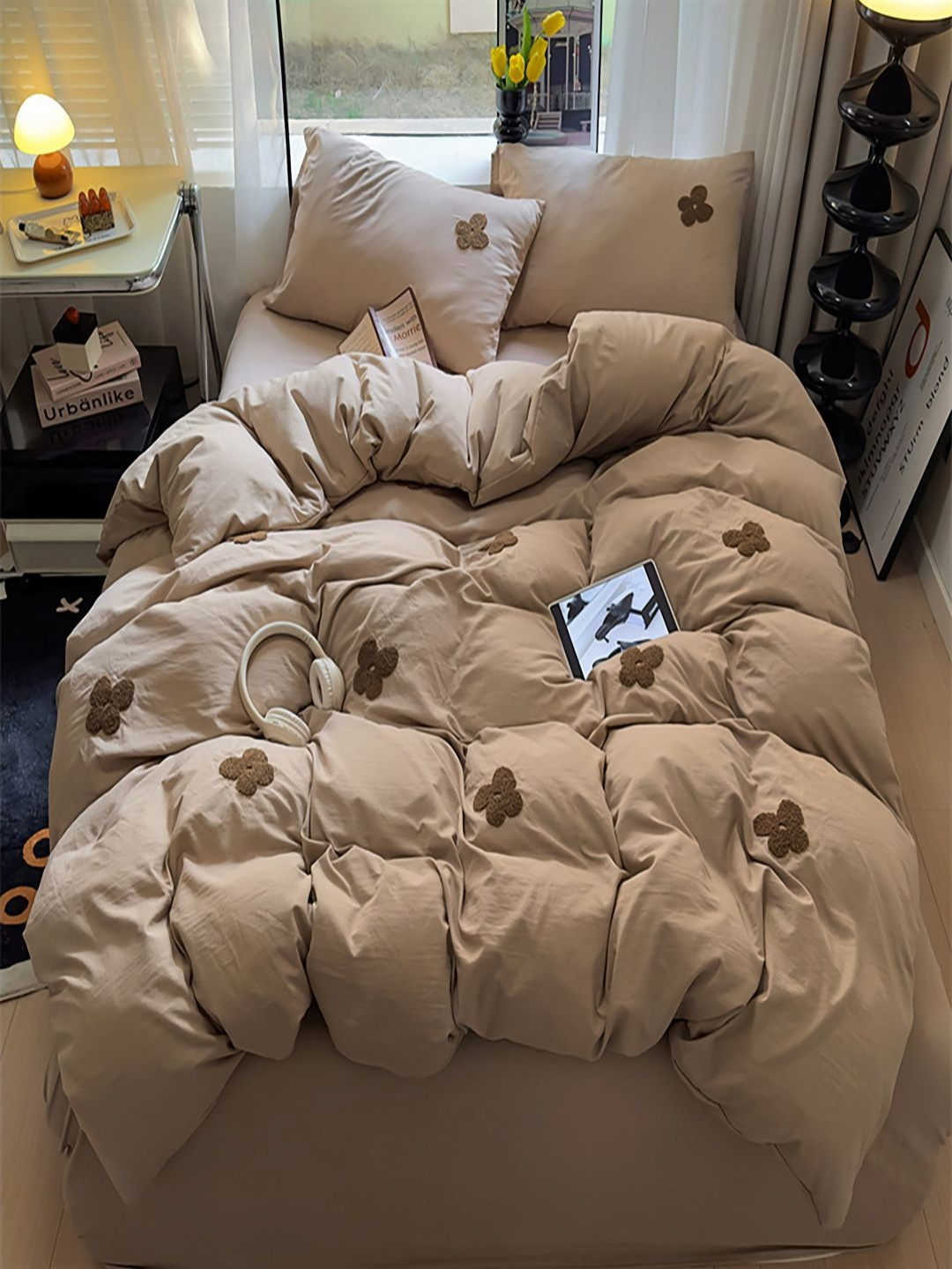 JC HOME Brown Self Design AC Room Double King Bedding Set