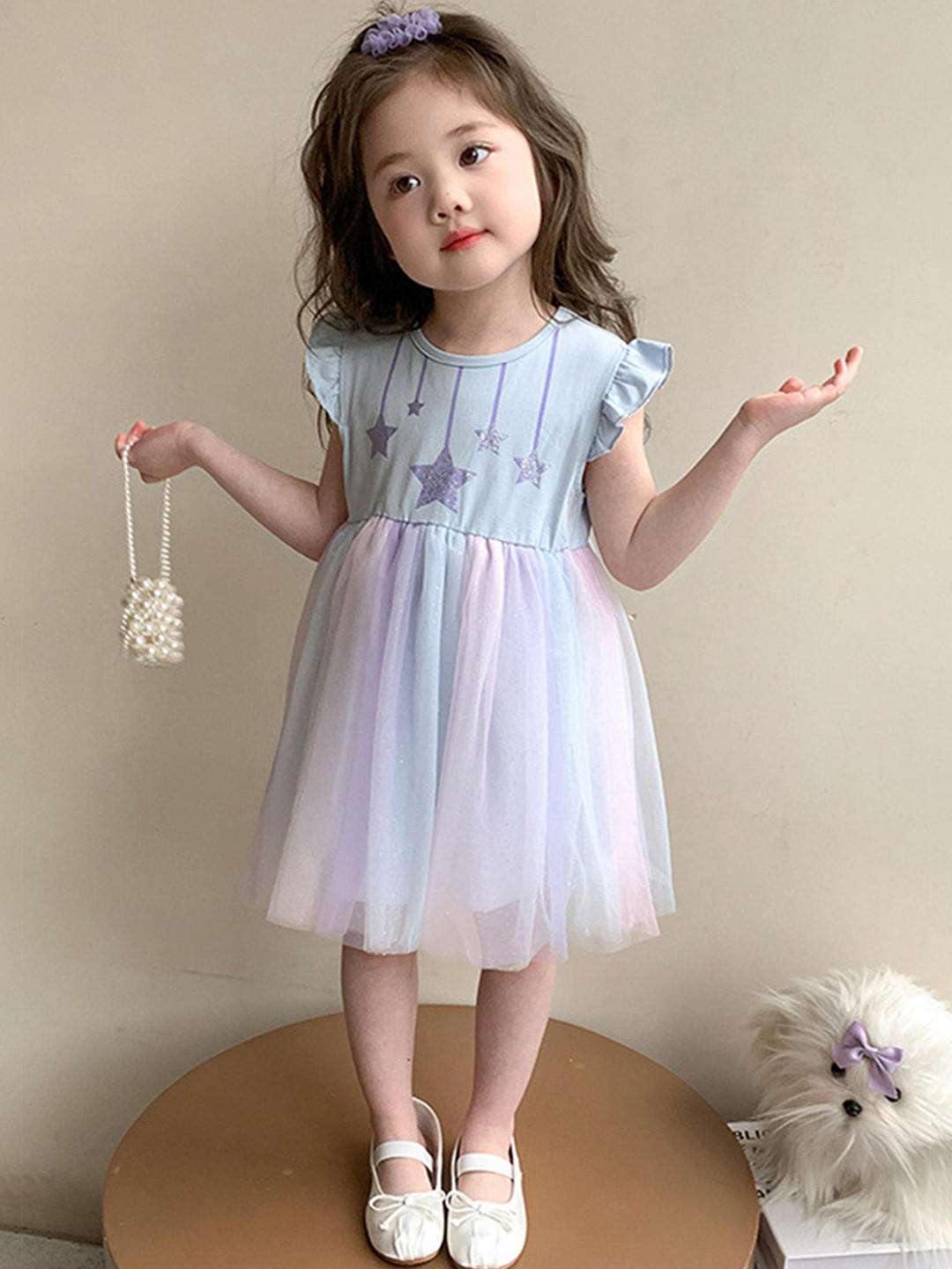 LULU & SKY Girls Star Pattern Embellished Flutter-Sleeve A-Line Dress