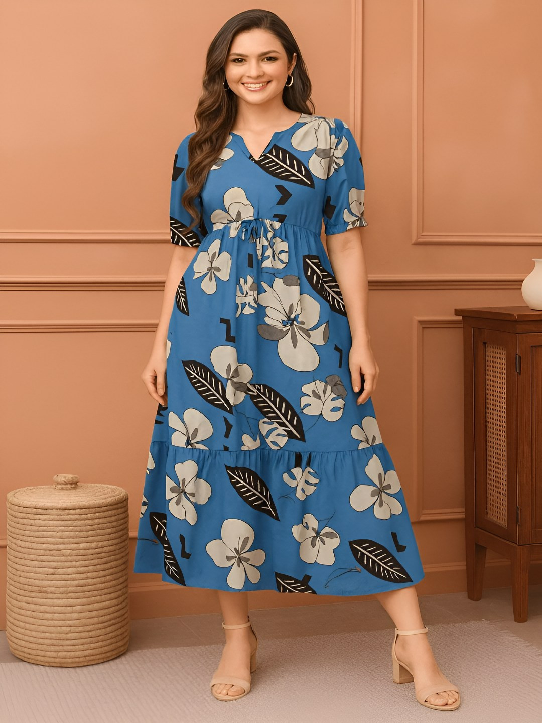 GAB Classic Floral Printed Pure Cotton V- Neck A-Line Midi Dress