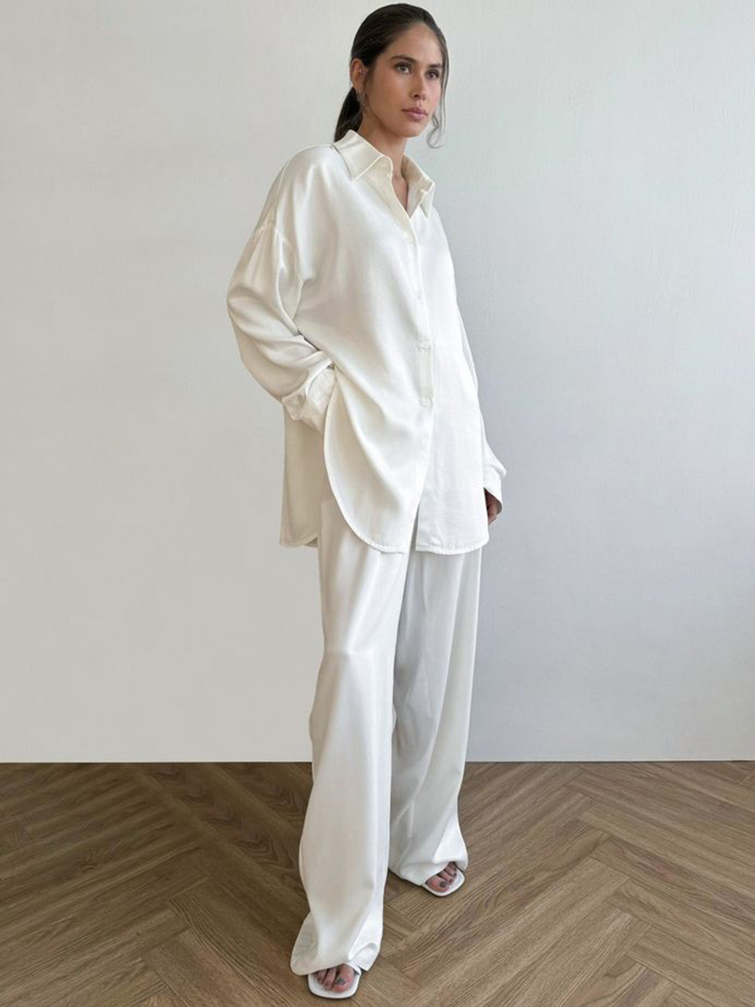 LULU & SKY Women Solid Shirt Collar Neck Loungewear Shirt & Wide Pants