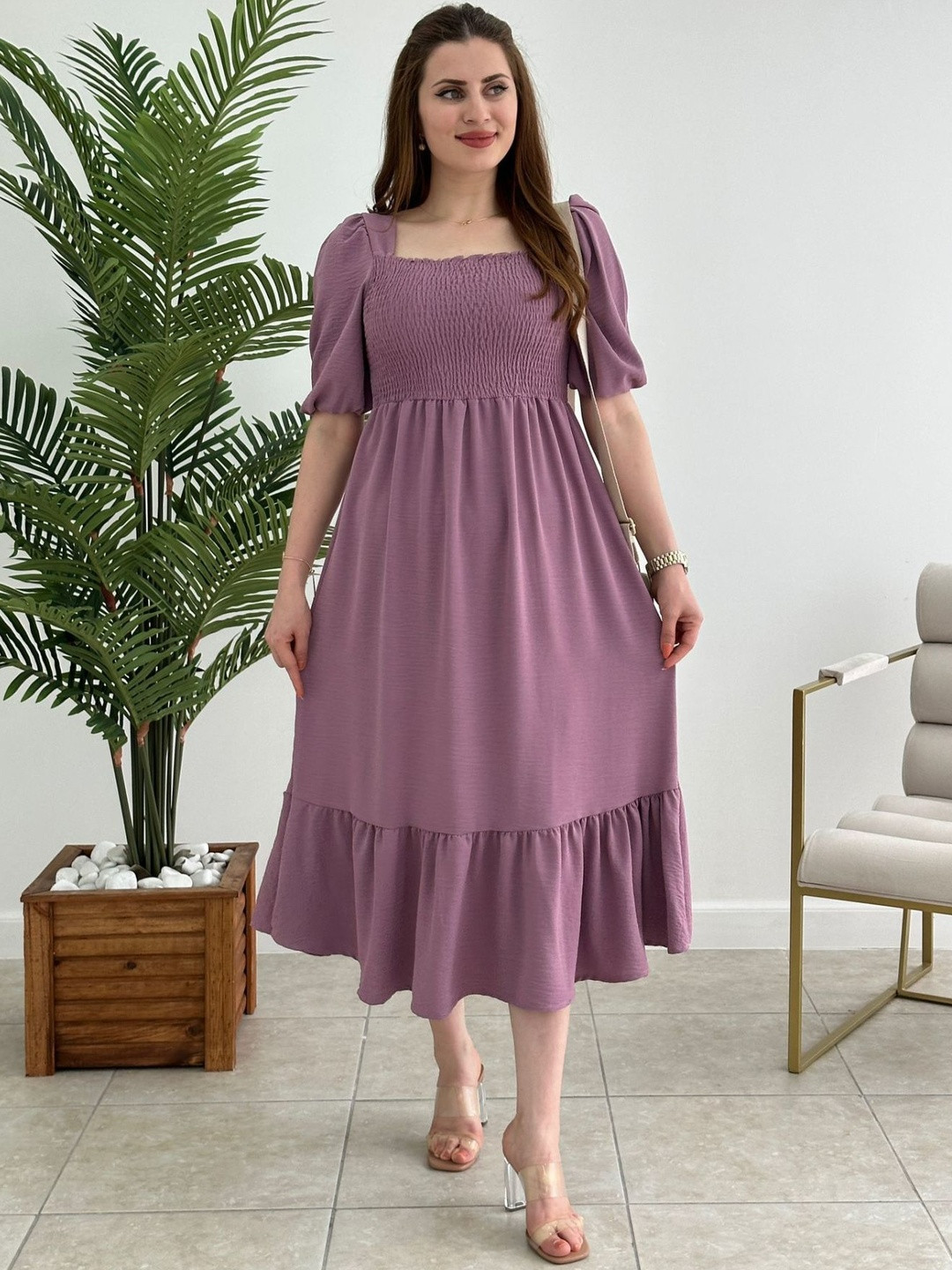 Honky Tonky Women Puff Sleeve Smocked Fit & Flare Midi Dress