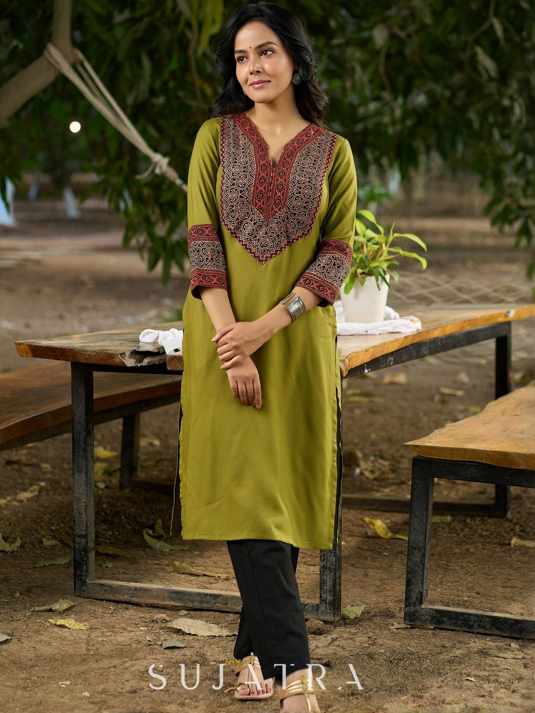 SUJATRA Women Ajrakh Yoke Regular Kurta with Trousers